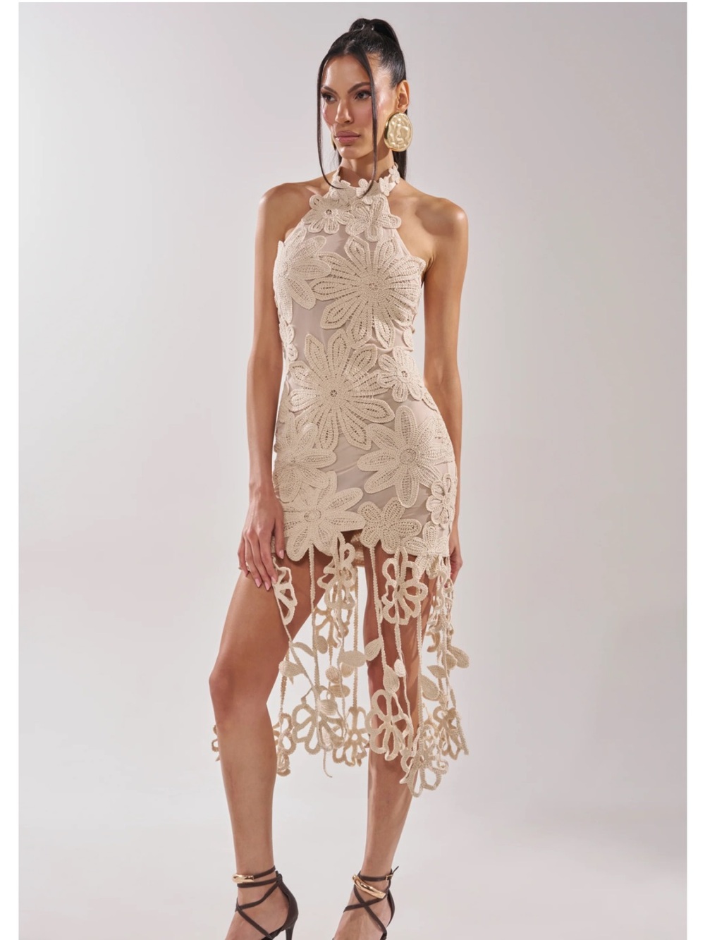 Akira High-Neck Crochet Lace Midi Dress in Beige